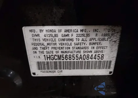 2005 Honda Accord 2.4 Ex from USA, damaged, VIN 1HGCM56855A084458